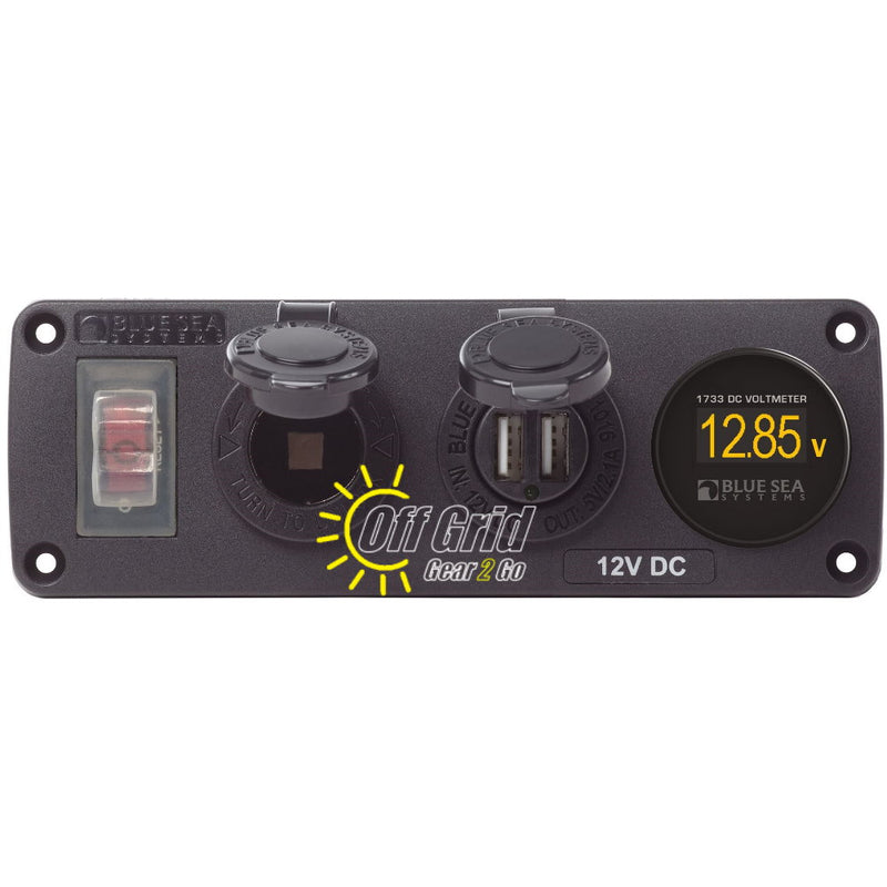 Blue Sea 4366 Water Resistant Accessory Panel – Circuit Breaker, 12V Socket, Dual USB Charger, Mini Volt Meter