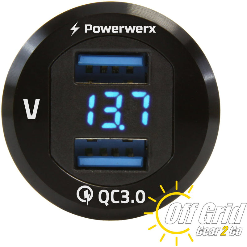 PanelQCDUAL - Panel Mount Dual USB QC 3.0 with Blue LED Voltage Display