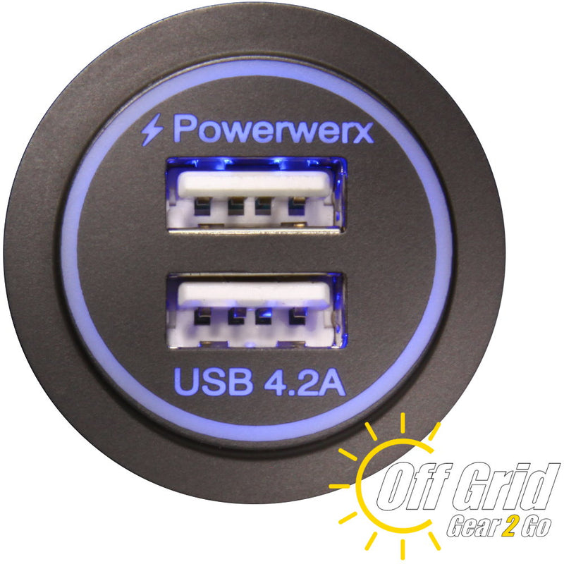 PanelUSB-Blue - Panel Mount Dual USB 4.2A Fast Device Charger for 12/24V Systems - Backlit Blue