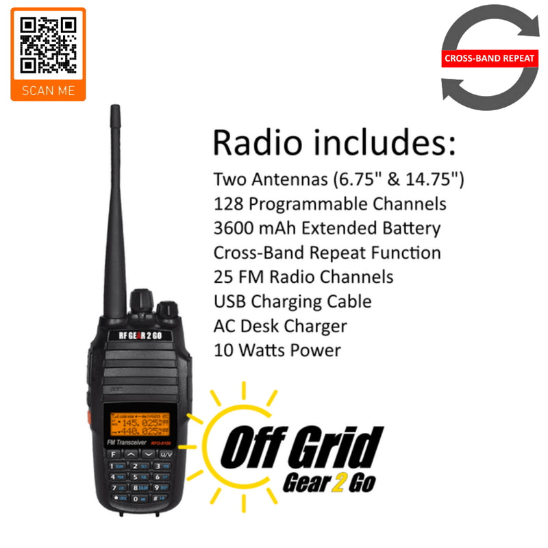 RFG-8100 Two-Way 10 Watt VHF/UHF Analog Radio w/3600mAh Extended Li-Ion Battery