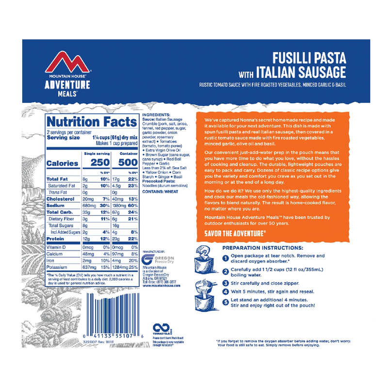 Save 10%! MH Freeze Dried Fusilli Pasta with Italian Sausage Entree - Pouch