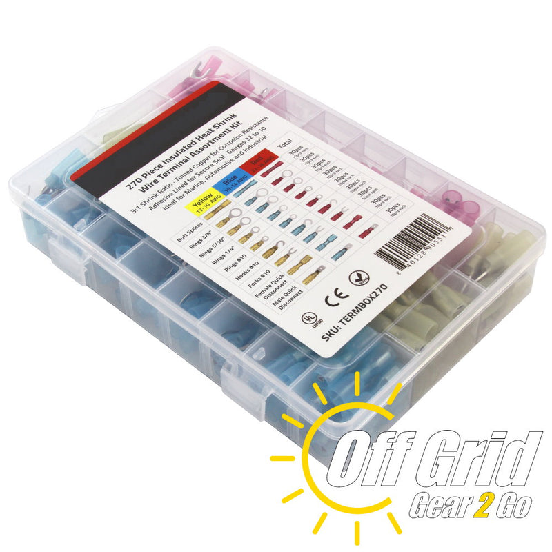 TERMBOX270 - Heat Shrink Wire Terminal Connector Kit, 270 Piece Assortment of Waterproof Electrical Crimp Connectors